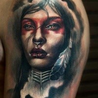 Realism style colored shoulder tattoo fo Indian woman