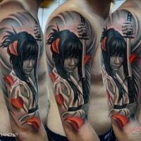 Realism style colored shoulder tattoo of Asian woman warrior