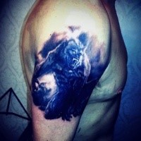 Realism style colored shoulder tattoo of evil werewolf