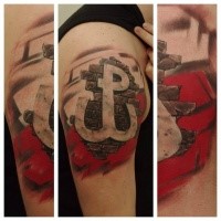 Realism style colored shoulder tattoo of brick wall with symbol