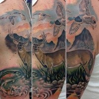 Realism style colored shoulder tattoo of deer with ducks and fish