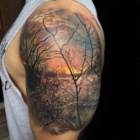Realism style colored shoulder tattoo of people in forest