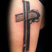 Realism style colored shoulder tattoo of iron cross