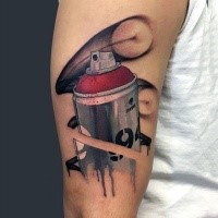 Realism style colored shoulder tattoo of big paint spray