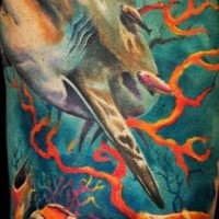 Realism style colored shoulder tattoo of underwater shark