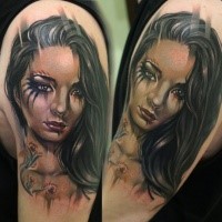 Realism style colored shoulder tattoo of beautiful woman