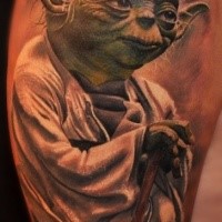 Realism style colored shoulder tattoo of Yoda from Star Wars