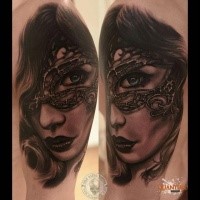 Realism style colored shoulder tattoo of beautiful woman with mask