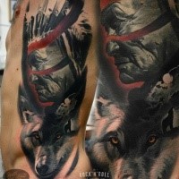 Realism style colored side tattoo of old Indian with wolf