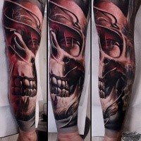 Realism style colored sleeve tattoo fo steamy human skull