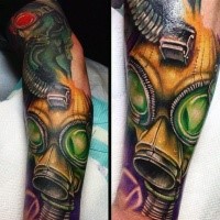 Realism style colored sleeve tattoo of various gas masks