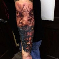 Realism style colored sleeve tattoo of werewolf transformation