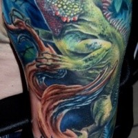 Realism style colored sleeve tattoo of typical lizard