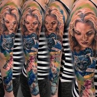 Realism style colored sleeve tattoo of woman face with creepy cat and lettering