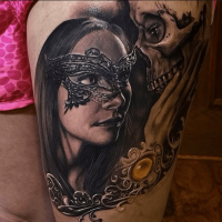 Realism style colored tattoo of woman with mask and human skull
