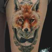 Realism style colored thigh tattoo of gentleman fox portrait
