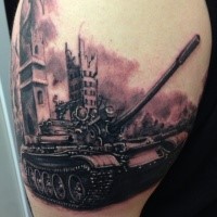 Realism style colored thigh tattoo of modern tank