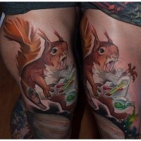 Realism style colored thigh tattoo of squirrel with chemistry bottles