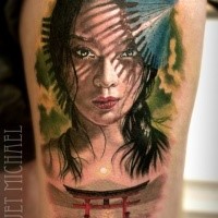 Realism style colored thigh tattoo of Asian woman portrait