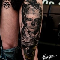 Realism style colored thigh tattoo of evil man with makeup