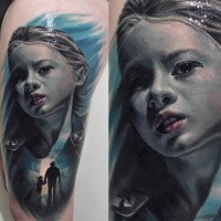 Realism style colored thigh tattoo of girl portrait combined with father and daughter