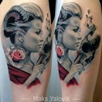 Realism style colored thigh tattoo of woman with skull and rose
