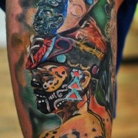 Realism style colored tribal shaman tattoo on thigh