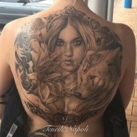 Realism style colored whole back tattoo of mystical woman with wolf and flowers