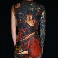 Realism style colored whole back tattoo of creepy woman with axe and wolf with old lighter