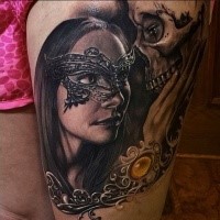 Realism style colored woman with mask tattoo combined with skull