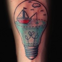 Realism style colored wrist tattoo of bulb with sailing ship