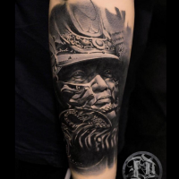 Realism style detailed arm tattoo of samurai warrior
