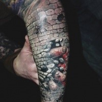 Realism style detailed arm tattoo of stone wall with fingers