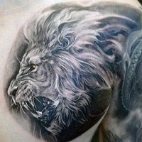 Realism style detailed colored chest tattoo of roaring tiger head