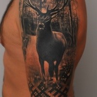 Realism style detailed shoulder tattoo of deer in forest