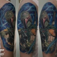 Realism style detailed shoulder tattoo of Bobba Fett