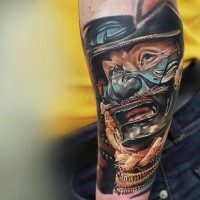 Realism style illustrative style forearm tattoo of samurai in mask