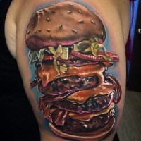 Realism style large very detailed shoulder tattoo of enormous burger