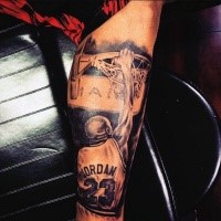 Realism style multicolored arm tattoo of air Jordan