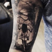realism style very detailed arm tattoo of girl in dark forest