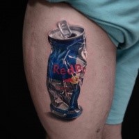Realism style very detailed colored thigh tattoo of smashed Red Bull can