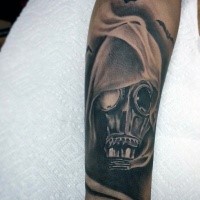 Realism style very detailed gas mask under hood tattoo on forearm stylized with bats