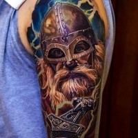 Realism style very detailed shoulder tattoo of old medieval warrior