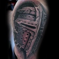 Realism style very detailed tattoo of big ancient knight helmet
