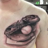 Realistic baseball glove and ball tattoo on chest for men