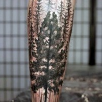 Realistic black ink big old forest tattoo on leg