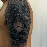 Realistic black ink pocket clock with nautical map half sleeve area tattoo