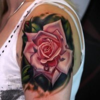 Realistic colorful rose with dew drop tattoo