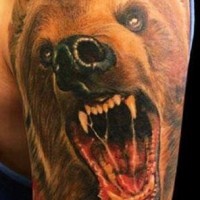 Tatuaje en el hombro,
rostro de oso amenazante