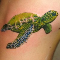 Realistic green turtle tattoo on side